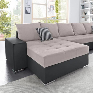 Wohnlandschaft COLLECTION AB Josy U-Form Sofas Gr. B/H/T: 333cm x 84cm x 161cm, Kunstleder SOFTLUX-Microfaser PRIMABELLE, Recamiere beidseitig montierbar, XXL-mit Bettfunktion und Bettkasten, grau (schwarz/hellgrau) inkl. Bettfunktion, Bettkasten und