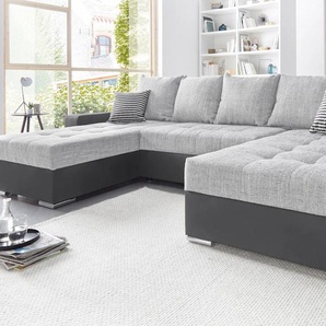 Wohnlandschaft COLLECTION AB Josy U-Form Sofas Gr. B/H/T: 333cm x 84cm x 161cm, Kunstleder SOFTLUX-Struktur, Recamiere beidseitig montierbar, XXL-mit Bettfunktion-mit Bettkasten, grau (grau/silber) inkl. Bettfunktion, Bettkasten und Zierkissen, mit