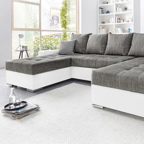 Wohnlandschaft COLLECTION AB Josy U-Form Sofas Gr. B/H/T: 333cm x 84cm x 161cm, Kunstleder SOFTLUX-Struktur, Recamiere beidseitig montierbar, XXL-mit Bettfunktion-mit Bettkasten, grau (weiß/grau) inkl. Bettfunktion, Bettkasten und Zierkissen, mit