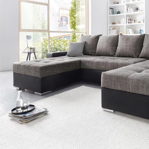 Wohnlandschaft COLLECTION AB Josy U-Form Sofas Gr. B/H/T: 333cm x 84cm x 161cm, Kunstleder SOFTLUX-Struktur, Recamiere beidseitig montierbar, XXL-mit Bettfunktion-mit Bettkasten, schwarz (schwarz/grau) inkl. Bettfunktion, Bettkasten und Zierkissen, mit