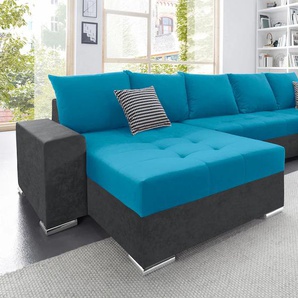 Wohnlandschaft COLLECTION AB Josy U-Form Sofas Gr. B/H/T: 333cm x 84cm x 161cm, Microfaser PRIMABELLE, Recamiere beidseitig montierbar, XXL-mit Bettfunktion-mit Bettkasten, blau (anthrazit/blau) inkl. Bettfunktion, Bettkasten und Zierkissen, mit