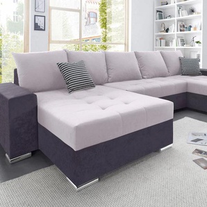 Wohnlandschaft COLLECTION AB Josy U-Form Sofas Gr. B/H/T: 333cm x 84cm x 161cm, Microfaser PRIMABELLE, Recamiere beidseitig montierbar, XXL-mit Bettfunktion-mit Bettkasten, silberfarben (anthrazit/silber) inkl. Bettfunktion, Bettkasten und Zierkissen, mit