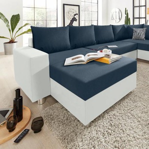 Wohnlandschaft COLLECTION AB Paris U-Form Sofas Gr. B/H/T: 310cm x 85cm x 212cm, Kunstleder SOFTLUX-Struktur, Recamiere beidseitig montierbar, ohne Bettfunktion, weiß (weiß/blau) mit Federkern, wahlweise Bettfunktion und Bettkasten