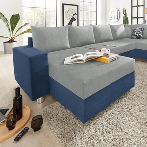 Wohnlandschaft COLLECTION AB Paris U-Form Sofas Gr. B/H/T: 310cm x 85cm x 212cm, Microfaser PRIMABELLE, Recamiere beidseitig montierbar, ohne Bettfunktion, blau (blau/hellgrau) mit Federkern, wahlweise Bettfunktion und Bettkasten