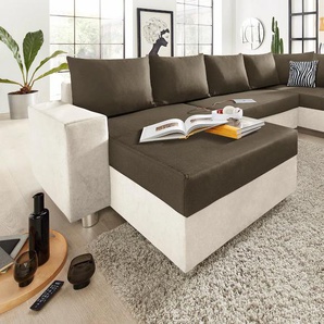 Wohnlandschaft COLLECTION AB Paris U-Form Sofas Gr. B/H/T: 310cm x 85cm x 212cm, Microfaser PRIMABELLE-Struktur, Recamiere beidseitig montierbar, ohne Bettfunktion, beige (beige/hellbraun) mit Federkern, wahlweise Bettfunktion und Bettkasten