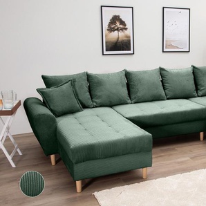 Wohnlandschaft COLLECTION AB Raisa U-Form Sofas Gr. B/H/T: 314cm x 45cm x 158cm, Cord, Mit Federkern, grün (flachengrün) mit Federkern, Kissen und Steppung im Sitzbereich