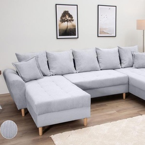 Wohnlandschaft COLLECTION AB Raisa U-Form Sofas Gr. B/H/T: 314cm x 45cm x 158cm, Cord, Mit Federkern, grau (hellgrau) mit Federkern, Kissen und Steppung im Sitzbereich