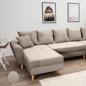 Wohnlandschaft COLLECTION AB Raisa U-Form Sofas Gr. B/H/T: 314cm x 45cm x 158cm, Cord, Mit Federkern, grau (taupe) mit Federkern, Kissen und Steppung im Sitzbereich