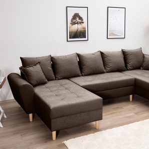 Wohnlandschaft COLLECTION AB Raisa U-Form Sofas Gr. B/H/T: 314cm x 45cm x 158cm, Microvelours, Mit Federkern, braun (dunkelbraun) mit Federkern, Kissen und Steppung im Sitzbereich