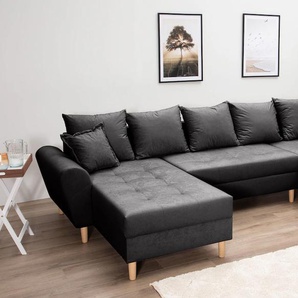 Wohnlandschaft COLLECTION AB Raisa U-Form Sofas Gr. B/H/T: 314cm x 45cm x 158cm, Microvelours, Mit Federkern, grau (anthrazit) mit Federkern, Kissen und Steppung im Sitzbereich