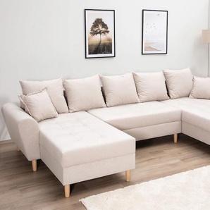 Wohnlandschaft COLLECTION AB Raisa U-Form Sofas Gr. B/H/T: 314cm x 45cm x 158cm, Microvelours, Mit Federkern, grau (hellgrau) mit Federkern, Kissen und Steppung im Sitzbereich