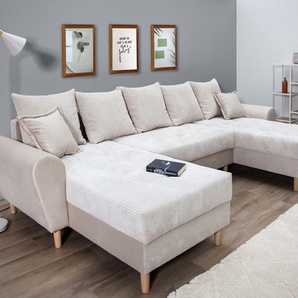 Wohnlandschaft COLLECTION AB Raisa U-Form Sofas Gr. B/H/T: 314cm x 45cm x 158cm, Samt-Cord, Mit Federkern, beige mit Federkern, Kissen und Steppung im Sitzbereich