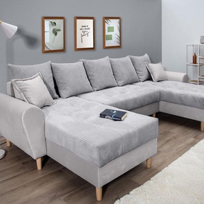 Wohnlandschaft COLLECTION AB Raisa U-Form Sofas Gr. B/H/T: 314cm x 45cm x 158cm, Samt-Cord, Mit Federkern, grau (hellgrau) mit Federkern, Kissen und Steppung im Sitzbereich