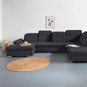 Wohnlandschaft COTTA Holiday U-Form Sofas Gr. B/H/T: 386 cm x 86 cm x 265 cm, Chenille-Struktur, Recamiere links-Ottomane rechts, ohne Bettfunktion-ohne Schubkasten-mit Kopfteilverstellung-mit Armteilverstellung-mit Sitztiefenverstellung, schwarz (black)