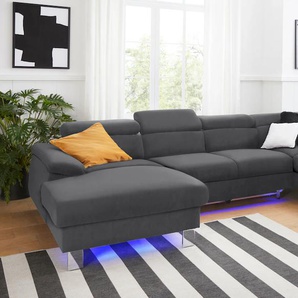 Wohnlandschaft COTTA Komaris U-Form Sofas Gr. B: 320 cm, NaturLEDER, Ottomane rechts, ohne Bettfunktion-ohne Bettkasten-mit RGB-LED-Beleuchtung-mit Kopfteilverstellung, schwarz Leder-Wohnlandschaft inklusive Kopfteilverstellung, wahlweise mit Bettfunktion