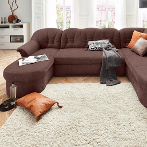 Wohnlandschaft DOMO COLLECTION Elva U-Form Sofas Gr. B/H/T: 293cm x 84cm x 82cm, Microfaser PRIMABELLE, Recamiere links, ohne Federkern-ohne Bettfunktion, braun wahlweise mit Bettfunktion und Federkern