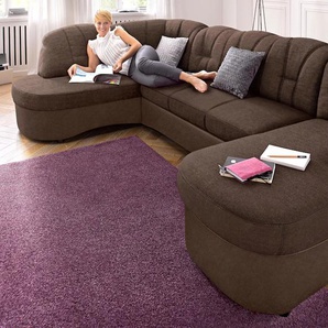 Wohnlandschaft DOMO COLLECTION Flores auch in Leder-Bezug, B/T/H: 293/180/86 cm, U-Form Sofas Gr. B/H/T: 293cm x 84cm x 182cm, Microfaser PRIMABELLE-Struktur, Recamiere rechts, ohne Bettfunktion-ohne Federkern, braun (braun/dunkelbraun) wahlweise mit