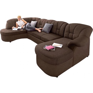 Wohnlandschaft DOMO COLLECTION Flores auch in Leder-Bezug, B/T/H: 293/180/86 cm, U-Form Sofas Gr. B/H/T: 293cm x 84cm x 182cm, Microfaser PRIMABELLE-Struktur, Recamiere rechts, ohne Bettfunktion-ohne Federkern, braun (braun/dunkelbraun) wahlweise mit