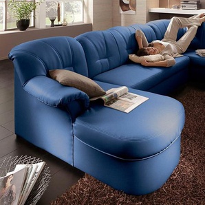 Wohnlandschaft DOMO COLLECTION Papenburg U-Form Sofas Gr. B/H/T: 297cm x 84cm x 180cm, Microfaser PRIMABELLE, Recamiere links, ohne Bettfunktion, blau in großer Farbvielfalt, wahlweise mit Bettfunktion