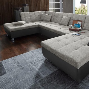 Wohnlandschaft DOMO COLLECTION Treviso incl. Zierkissen, moderne Steppung, XXL: B/T/H: 364/201/83 cm Sofas Gr. B/H/T: 364 cm x 83 cm x 201 cm, Kunstleder SOFTLUX-Struktur, Recamiere rechts, mit Bettfunktion, schwarz (schwarz, pepper) Wohnlandschaften