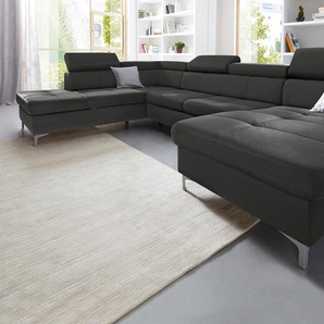 Wohnlandschaft EXXPO - SOFA FASHION Azzano, komfortabel und bequem, tolle Detailverarbeitung, U-Form Sofas Gr. B/H/T: 340 cm x 96 cm x 232 cm, NaturLEDER, Ottomane links, ohne Bettfunktion, schwarz Leder-Wohnlandschaft inkl. Kopfteilverstellung, wahlweise