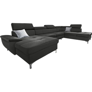 Wohnlandschaft EXXPO - SOFA FASHION Azzano, komfortabel und bequem, tolle Detailverarbeitung, U-Form Sofas Gr. B/H/T: 340 cm x 96 cm x 232 cm, NaturLEDER, Ottomane rechts, ohne Bettfunktion, schwarz Leder-Wohnlandschaft inkl. Kopfteilverstellung,