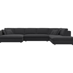 Wohnlandschaft FLEXLUX Lovane Sofas Gr. B/H/T: 400 cm x 84 cm x 272 cm, Lederoptik, langer Schenkel rechts, schwarz (gorilla black) Wohnlandschaften Weich & anschmiegsam, große Sitztiefe auf Kaltschaum, Dekokissen inkl.