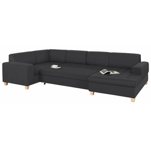 Wohnlandschaft HOME AFFAIRE Corby U-Form Sofas Gr. B/H/T: 333 cm x 80 cm x 199 cm, NaturLEDER, Recamiere rechts, mit Bettfunktion-mit Bettkasten, schwarz Leder-Wohnlandschaft wahlweise mit Bettfunktion, Steppung auf Sitzfläche