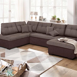 Wohnlandschaft HOME AFFAIRE Föhr U-Form Sofas Gr. B/H/T: 310cm x 75cm x 200cm, Microfaser PRIMABELLE-Webstoff, Recamiere rechts, ohne Bettfunktion, braun (mittelbraun) wahlweise mit Bettfunktion