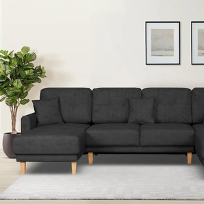 Wohnlandschaft HOME AFFAIRE Triplo wahlweise mit Schlaffunktion, Steppung im Rückenkissen, U-Form Sofas Gr. B/H/T: 310 cm x 90 cm x 192 cm, Samtoptik, Recamiere links, mit Bettfunktion-mit Bettkasten, schwarz Wohnlandschaften mit Steppung, auch