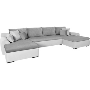 Wohnlandschaft HOME AFFAIRE Win U-Form Sofas Gr. B/H/T: 366cm x 85cm x 176cm, Cord-Samtvelours, Recamiere beidseitig montierbar, Ohne Bettfunktion und Bettkasten, grau (hellgrau/silbergrau) wahlweise mit Bettfunktion und Bettkasten