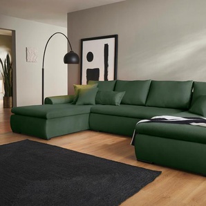 Wohnlandschaft HOME AFFAIRE Win U-Form Sofas Gr. B/H/T: 366cm x 85cm x 176cm, Cord-Samtvelours, Recamiere beidseitig montierbar, Ohne Bettfunktion und Bettkasten, grün (dunkelgrün) wahlweise mit Bettfunktion und Bettkasten