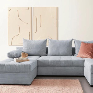 Wohnlandschaft INOSIGN Josy U-Form Sofas Gr. B/H/T: 269cm x 41cm x 161cm, Cord, Recamiere beidseitig montierbar, mit Bettfunktion und Bettkasten, grau (hellgrau) inkl. Bettfunktion, Bettkasten und Kissen, mit 2 Recamieren