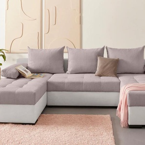 Wohnlandschaft INOSIGN Josy U-Form Sofas Gr. B/H/T: 269cm x 41cm x 161cm, Microvelours-Cord, Recamiere beidseitig montierbar, mit Bettfunktion und Bettkasten, braun (braun/beige) inkl. Bettfunktion, Bettkasten und Kissen, mit 2 Recamieren