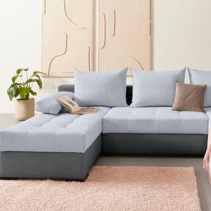 Wohnlandschaft INOSIGN Josy U-Form Sofas Gr. B/H/T: 269cm x 41cm x 161cm, Microvelours-Cord, Recamiere beidseitig montierbar, mit Bettfunktion und Bettkasten, grau (hellgrau/anthrazit) inkl. Bettfunktion, Bettkasten und Kissen, mit 2 Recamieren