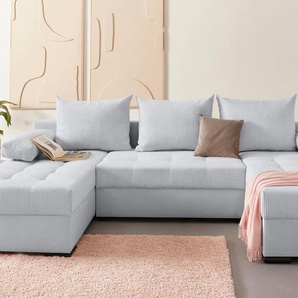 Wohnlandschaft INOSIGN Josy U-Form Sofas Gr. B/H/T: 269cm x 41cm x 161cm, Microvelours-Cord, Recamiere beidseitig montierbar, mit Bettfunktion und Bettkasten, grau (hellgrau) inkl. Bettfunktion, Bettkasten und Kissen, mit 2 Recamieren