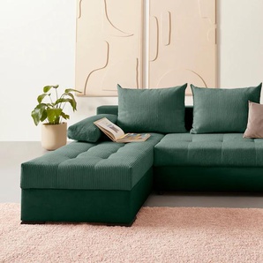 Wohnlandschaft INOSIGN Josy U-Form Sofas Gr. B/H/T: 269cm x 41cm x 161cm, Microvelours-Cord, Recamiere beidseitig montierbar, mit Bettfunktion und Bettkasten, grün (flaschengrün) inkl. Bettfunktion, Bettkasten und Kissen, mit 2 Recamieren