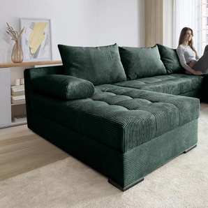 Wohnlandschaft INOSIGN Josy U-Form, grün (flaschengrün), B:269cm H:41cm T:161cm, 100%Polyester, Sofas, inkl. Bettfunktion, Bettkasten und Kissen, mit 2 Recamieren, Topseller