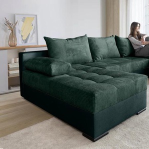 Wohnlandschaft INOSIGN Josy U-Form, grün (flaschengrün), B:269cm H:41cm T:161cm, 100%Polyester, Sofas, inkl. Bettfunktion, Bettkasten und Kissen, mit 2 Recamieren