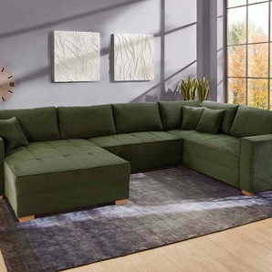 Wohnlandschaft JOCKENHÖFER GRUPPE Brixen U-Form Sofas Gr. B/T: 379 cm x 94 cm, Cord, Ottomane beidseitig montierbar, grün Bettfunktion, Bettkasten, Ottomane ist links oder rechts montierbar