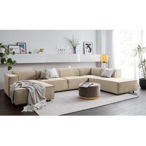 Wohnlandschaft Beige Samt Shyla 369 x 70 x 234cm Longchair davorstehend links / Ottomane rechts Glamour