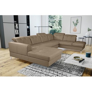 Wohnlandschaft Braun Echtleder Mabra 338 x 104 x 219cm Longchair davorstehend links / Ottomane rechts Modern