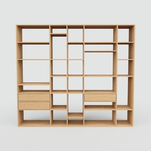 Wohnwand Eiche - Individuelle Designer-Regalwand: Schubladen in Eiche - Hochwertige Materialien - 267 x 232 x 47 cm, Konfigurator