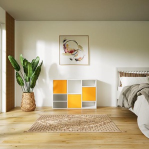 Wohnwand Gelb - Individuelle Designer-Regalwand: Schubladen in Grau & Türen in Gelb - Hochwertige Materialien - 118 x 79 x 34 cm, Konfigurator