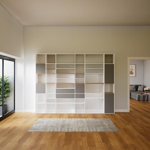 Bibliotheksregal Grau - Modernes Regal für Bibliothek: Schubladen in Grau & Türen in Grau - 305 x 232 x 34 cm, konfigurierbar