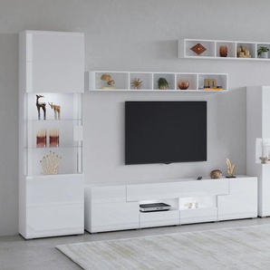 Wohnwand INOSIGN Toledo,Breite 391cm stilvolle Mediawand ohne Beleuchtung Kastenmöbel-Sets weiß (weiss/weiss hgl) Anbauwand(Vitrine,Lowboard,Highboard,2xHängeregal)MDF Hochglanzfronten Bestseller