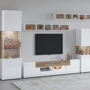 Wohnwand INOSIGN Toledo,Breite 391cm stilvolle Mediawand ohne Beleuchtung Kastenmöbel-Sets weiß (weiss/weiss hgl-sanremo) Anbauwand(Vitrine,Lowboard,Highboard,2xHängeregal)MDF Hochglanzfronten