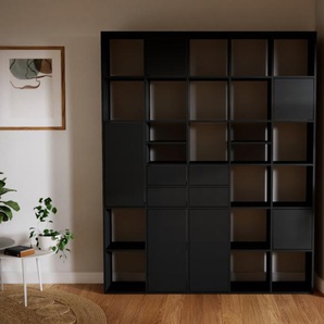 Wohnwand Schwarz - Individuelle Designer-Regalwand: Schubladen in Schwarz & Türen in Schwarz - Hochwertige Materialien - 195 x 232 x 34 cm, Konfigurator