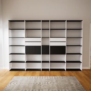 Bibliotheksregal Schwarz - Modernes Regal für Bibliothek: Schubladen in Weiß & Türen in Schwarz - 339 x 232 x 34 cm, konfigurierbar