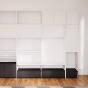Wohnwand Weiß - Individuelle Designer-Regalwand: Schubladen in Graphitgrau & Türen in Weiß - Hochwertige Materialien - 264 x 194 x 34 cm, Konfigurator
